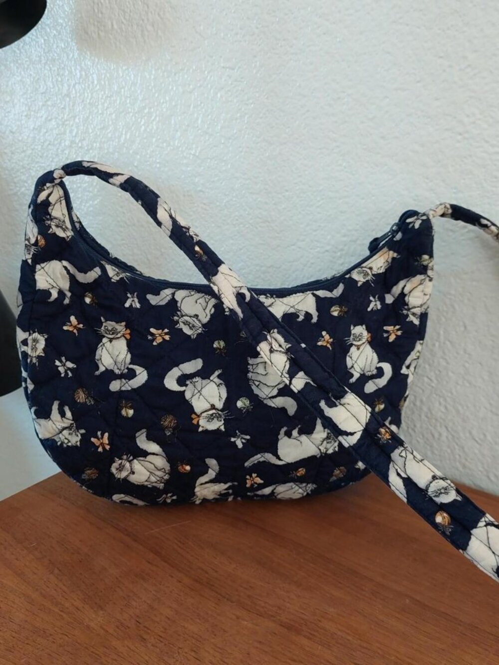 Stashe Stash-It Wear-It Quilted Navy Blue Cat Print Crescent Shoulder Bag